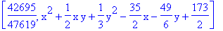 [42695/47619, x^2+1/2*x*y+1/3*y^2-35/2*x-49/6*y+173/2]